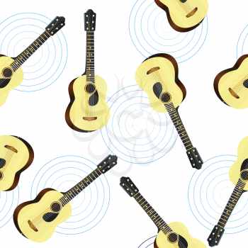 Royalty Free Clipart Image of an Abstract Background of Acoustic Guitars and Blue Circles