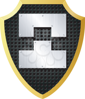 Royalty Free Clipart Image of a Shield with Holes and Metal Pieces