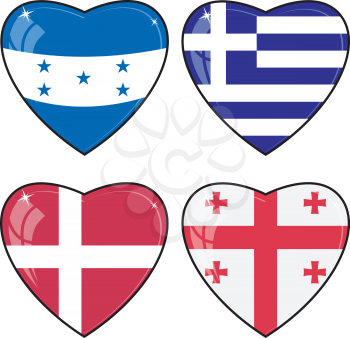 Set of vector images of hearts with the flags of Honduras, Georgia, Greece, Denmark