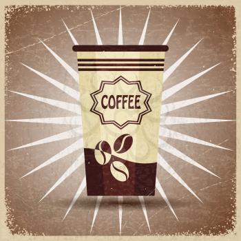 Plastic cup of coffee on a vintage background