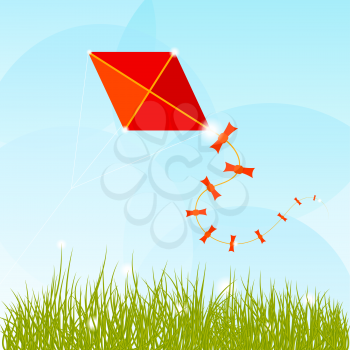 Summer background with grass, clouds and a red kite