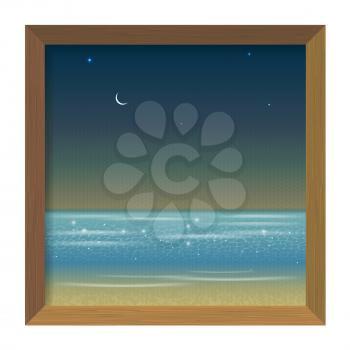Picture in a wooden frame with a night sea view