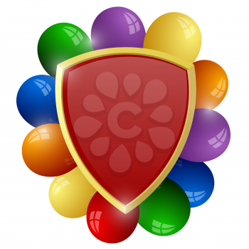 Red shield with a bunch of colorful balloons