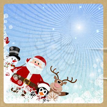 Santa Claus, reindeer, snowman, penguin on retro background