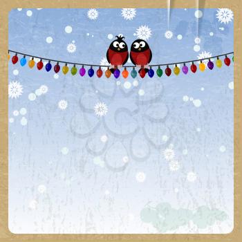 Two bullfinch on a Christmas garland  on vintage background