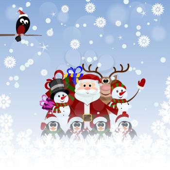 Greeting Christmas card with Santa Claus, reindeer, snowman, penguins and bullfinch