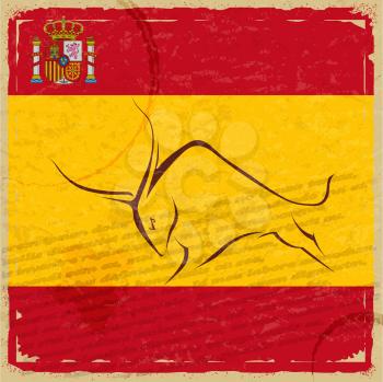 Grunge Spanish flag with the emblem and the silhouette of a bull