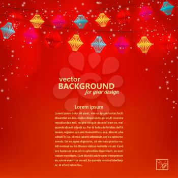 Festive red background with garland of paper lanterns. Vector illustration. 