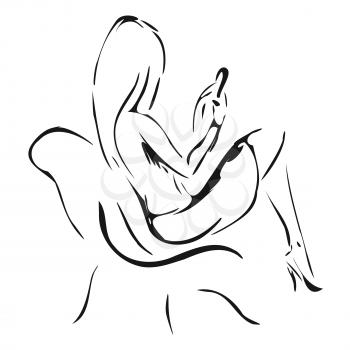 Graphic ink image girl sitting in a chair with a mobile phone. vector illustration