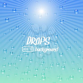 Blue water background with drops / bubbles and sunshine. Vector illustration. 