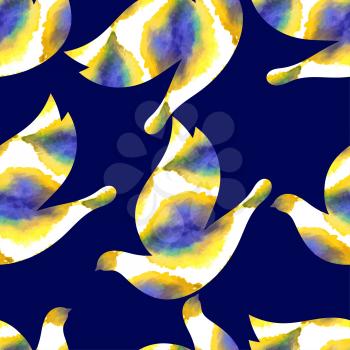 Seamless blue background with blue and yellow blue watercolor blots. Vector illustration. 