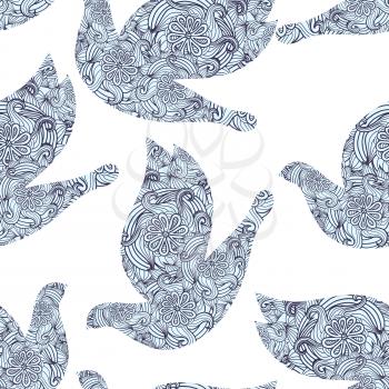 Seamless bright pattern with doves and doodle. Vector illustration. 