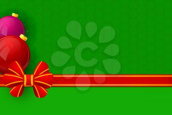 Red bow gift wrapping on green floral background with Christmas toys. Vector illustration. 
