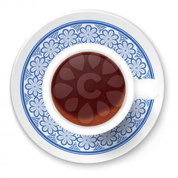 Cup of coffee and tribal pattern  on a saucer. Vector illustration