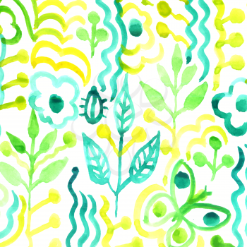 Watercolor pattern with flowers and plants. Floral tribal pattern. Vector illustration