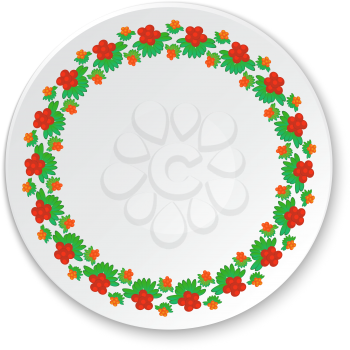 Round ceramic plate with traditional Ukrainian motif. Design element. Vector illustration.