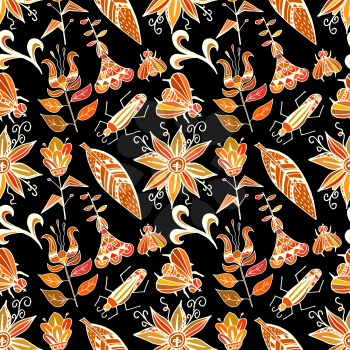 Seamless texture with bright ornaments vegetation and insects on a black background. Tribal style. Ethno. Vector illustration.