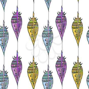White seamless texture with colorful ornaments from bird feathers in tribal style. Vector illustration.
