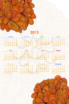 Vertical calendar on a white background with an floral ornament Doodle. 2015. Ethno. Vector illustration.