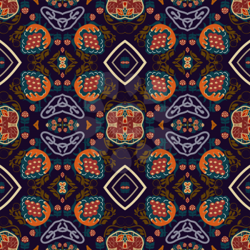 Seamless background from a floral ornament orange tribal style on purple background. Ethno. Vector illustration.