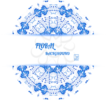 Round banner with blue floral ornament in Gzhel style. Vector illustration.
