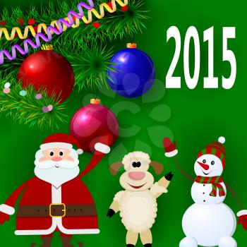 Christmas banner with the symbol of 2015 - lamb, Santa and snowman. Vector illustration.