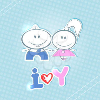 Little boy and girl on a blue background. Handwritten text I love you. Vector illustration