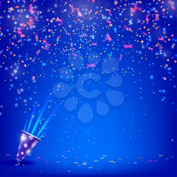 Banner for your holiday with confetti and streamers on a blue background. Vector illustration.