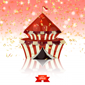 Circus tent of confetti on red glass background. Welcome! Vector illustration