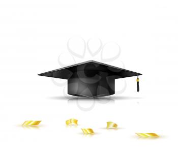 Graduate cap and golden confetti. Vector illustration