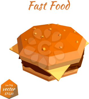 Cheeseburger with cutlet, cheese and tomato isolated on white background. Low poly style. Design your menu diner bistro. Fast food. Vector illustration.