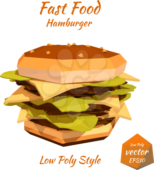 Fast food: big cheeseburger, big hamburger with cutlet, cheese and tomato isolated on white background. Low poly style. Design your menu diner bistro. Vector illustration.