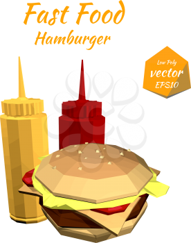 Hamburger and the sauce: mustard, ketchup Isolated on white background in low-polygonal style. Grunge. Design price list of your bistro. Fast food. Vector illustration.