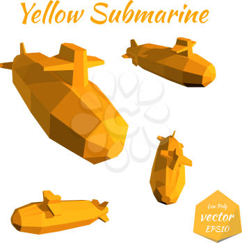 Set submarines isolated on white background. Yellow Submarine. Low poly. Vector illustration.