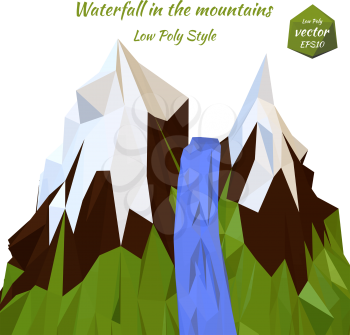 Landscape mountain river and snow-capped mountain peaks. Low poly style. Vector illustration.