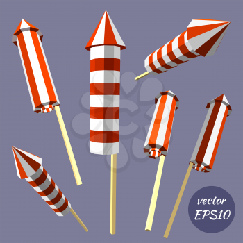 Set of fireworks, poppers isolated on white background. Celebrating birthday. Low poly style. Vector illustration.