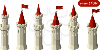 Set towers isolated on white background. Kingdom. Low poly style. Vector illustration.