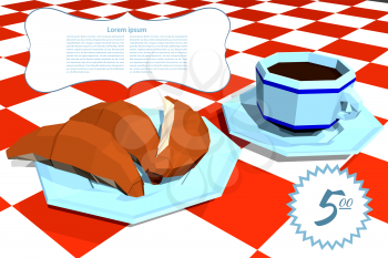 Banner with a French breakfast: coffee and croissant. Price menu. Low poly style. Vector illustration.