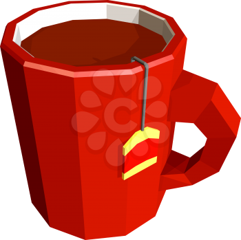 Red cup with tea bag isolated on white background. Low poly style. Vector illustration.