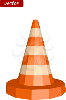 Yellow traffic cone isolated on white background. Icon warning. Low poly style. Vector illustration.