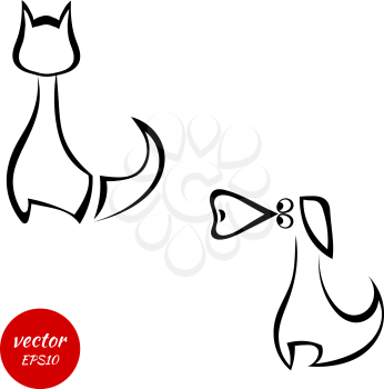 Silhouettes of a cat and dog isolated on white background. Vector illustration.