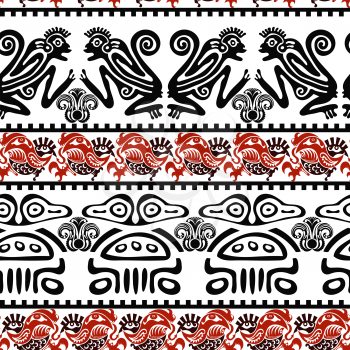 Black and red seamless pattern with Monkey and Birds. Vector illustration