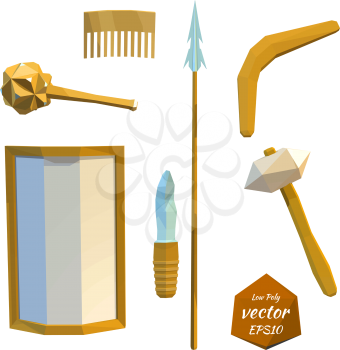 Set tools of prehistoric man: spear, hammer, mace, shield, knife, isolated on white 
background. Vector illustration.