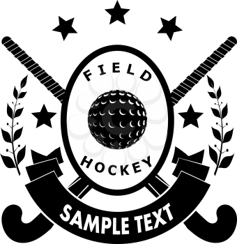 Sign field hockey - two sticks, ball, ribbon with text, laurel branches and the stars. Vector illustration.


