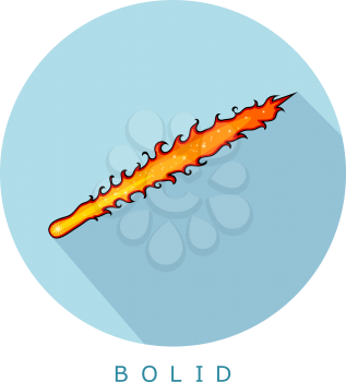 Bolid on a blue circle. Flat icon Bolid with fire. Simple vector illustration.