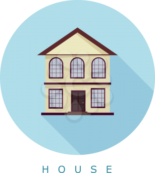 Flat simple icon two-storey house on a blue circle. It is easy to change the shape and color. Vector illustration