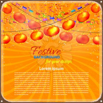 Yellow vintage grunge background with glowing Chinese lanterns. Vector illustration