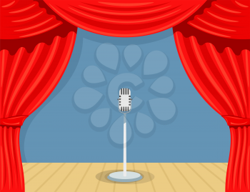 Cartoon theater with microphone. Theater open curtain. Open theater curtain with microphone. Red silk side scenes on stage. Stock vector