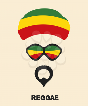 Abstract Rastaman man's face with a beard, glasses and colored beret. Icon reggae musical 
style. Musical poster. Stock vector