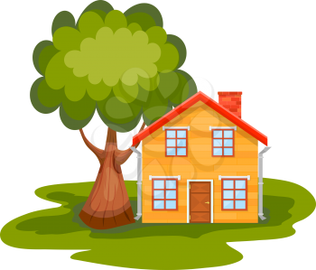 Yellow wooden house with green tree on a white background. Country house with a red roof, windows and chimney. Element of design, advertising. Vector illustration, icon. Stock vector